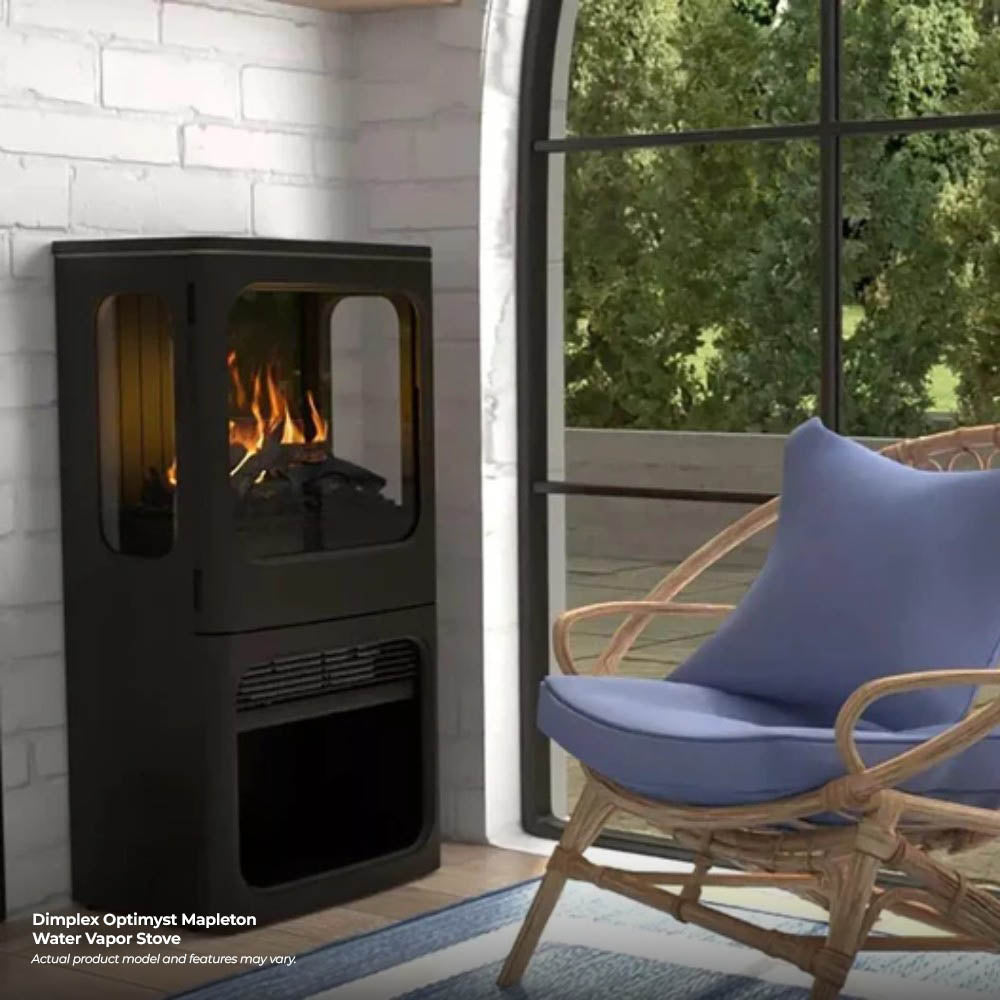 Black electric stove with flame effect in glass window and lower vent opening