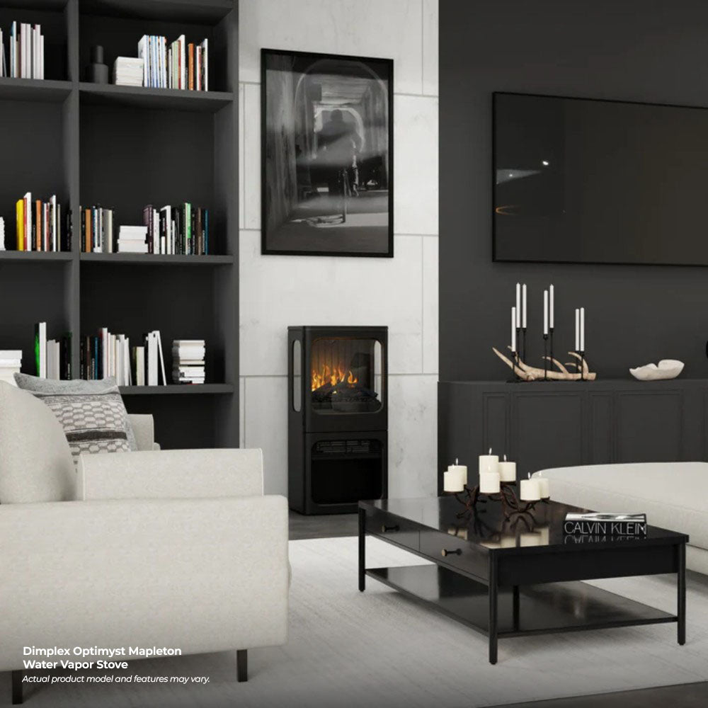 Black electric stove with flame effect glass window and lower vent opening