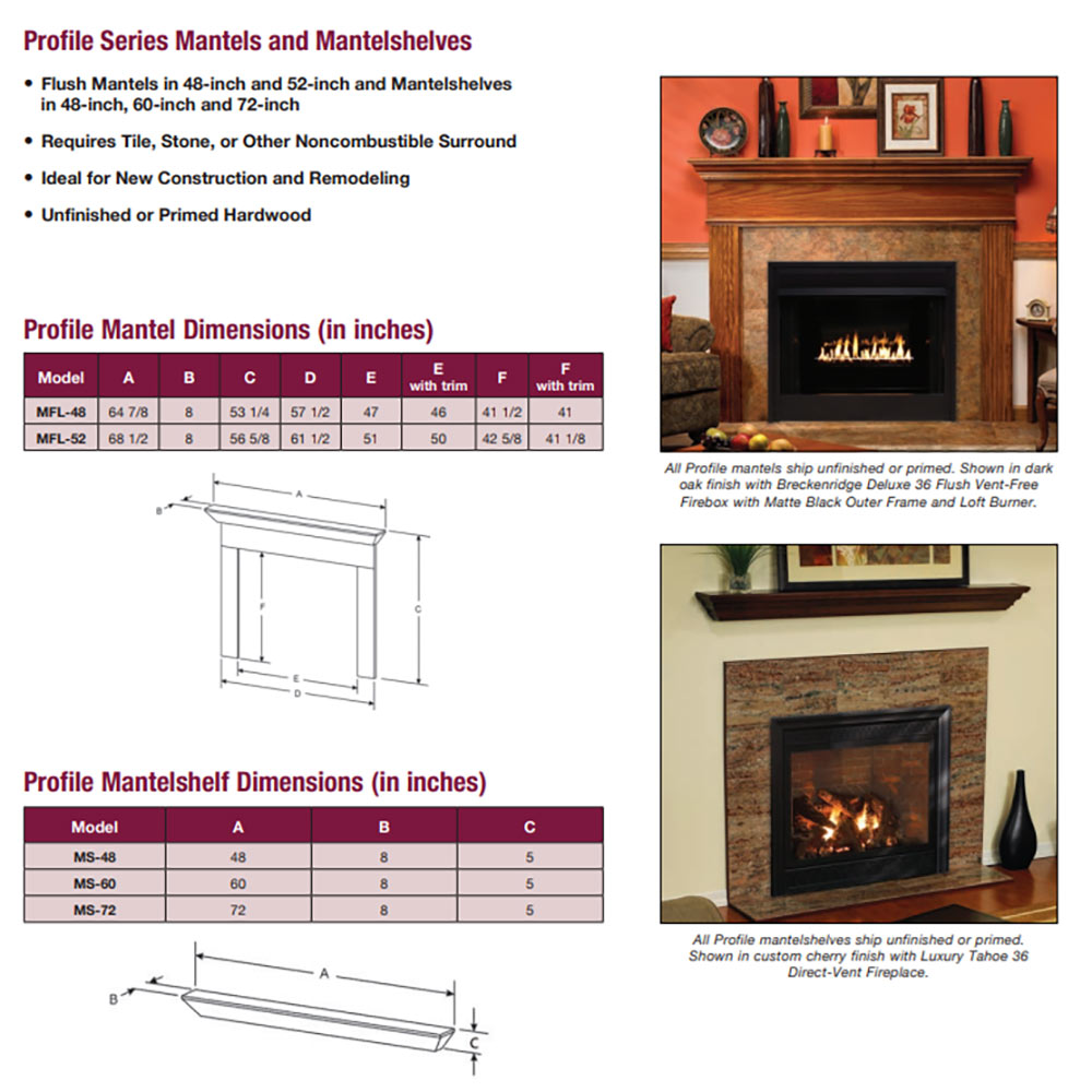 Profile fireplace mantel with fluted side posts and top trim, shown from front and side