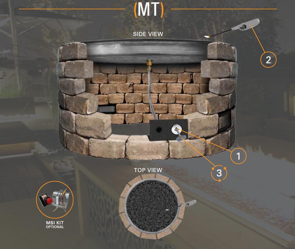 Gas fire pit burner kit, square pan and burner spur shown in top and side views