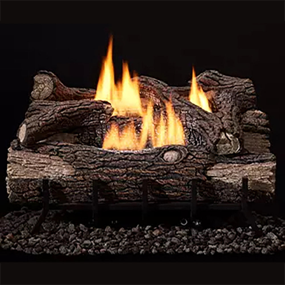 Outdoor log set with burning flames and textured faux logs