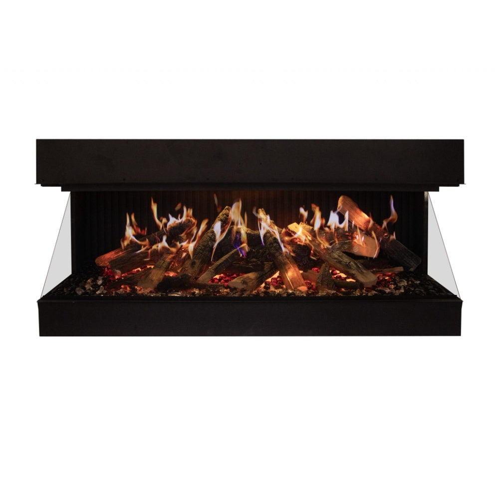 Black electric fireplace insert with open flame display and top hood