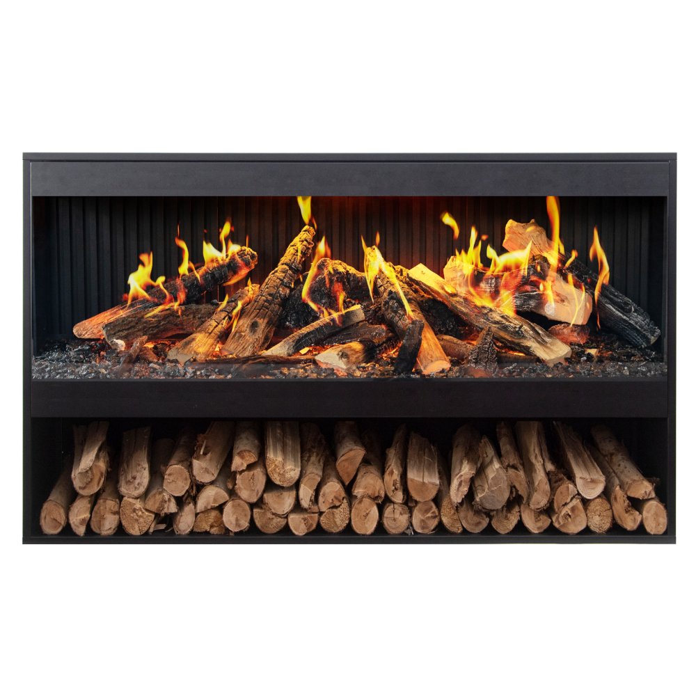 Electric fireplace with bright flames over log storage, black mantel and frame