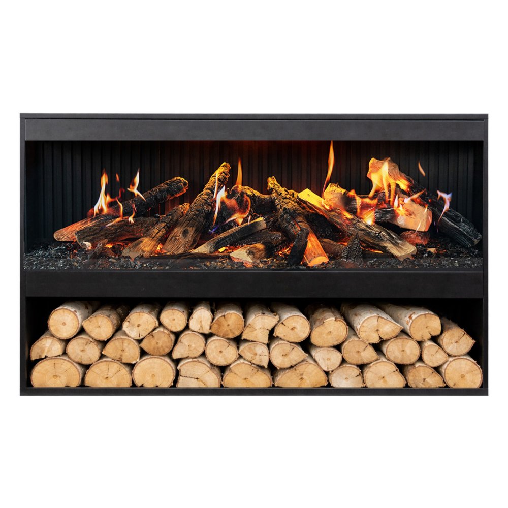 Electric fireplace with bright flames above stacked wood logs, black frame