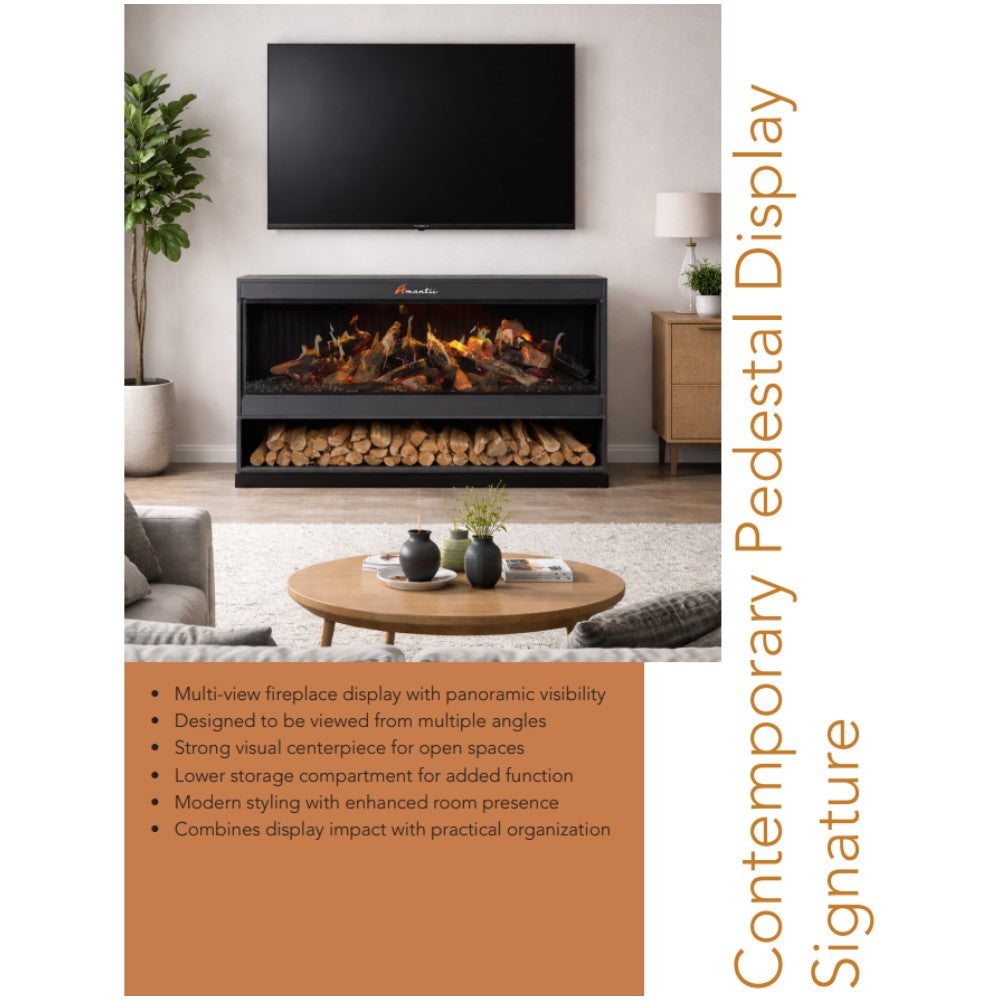 Black electric fireplace with glowing flames and a pedestal base