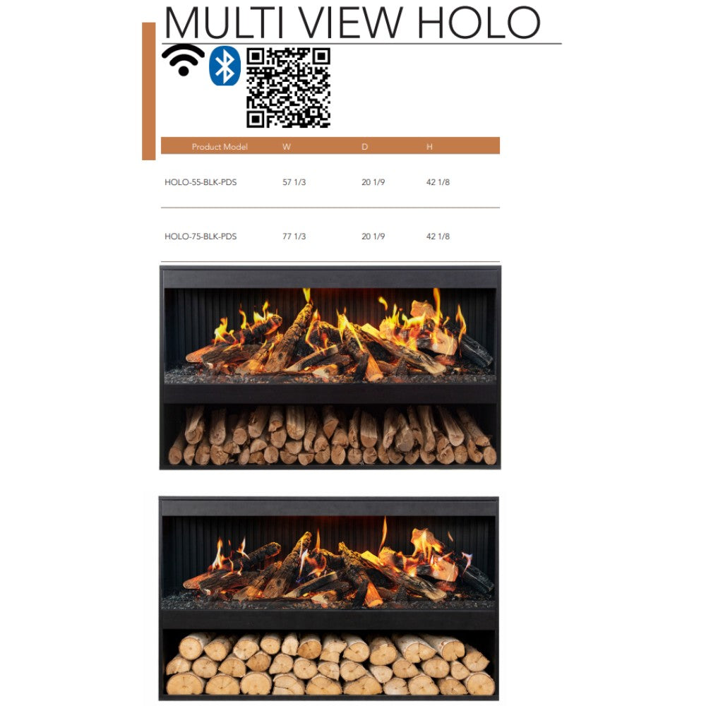 55-inch electric fireplace with glowing flames and stacked logs, multi-view holo front