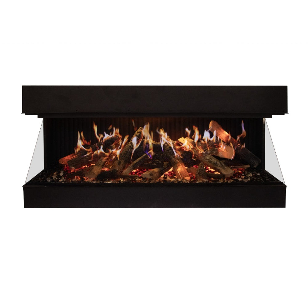 Electric fireplace with dark bezel, glass front, and ember flame bed