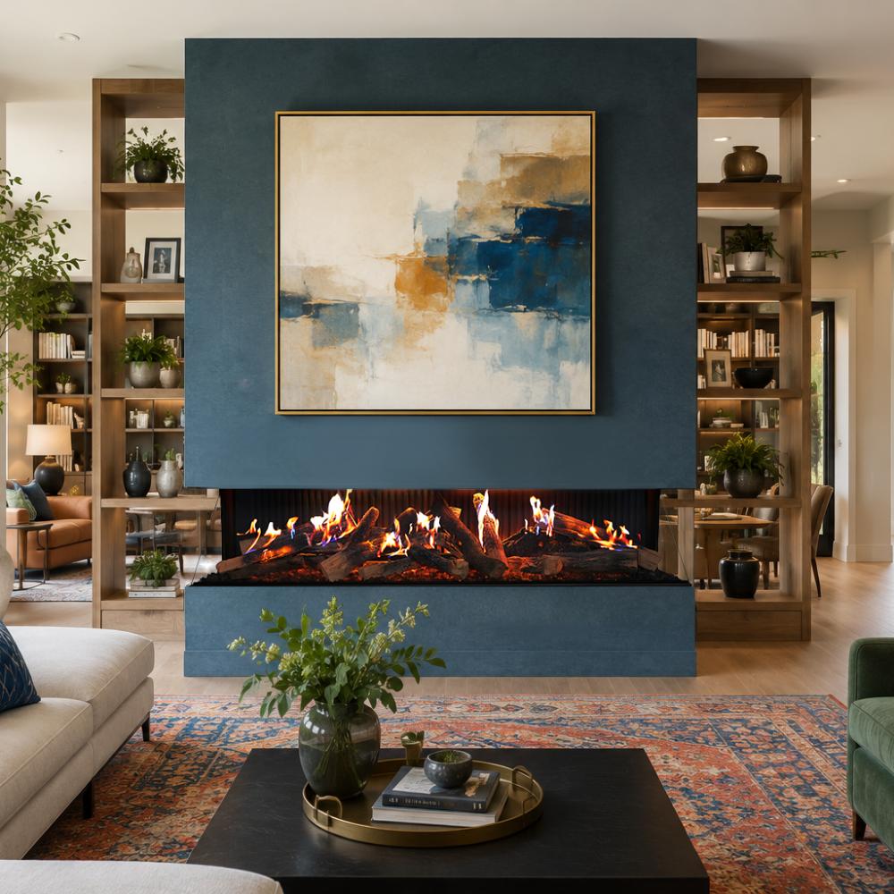 Built-in electric fireplace with dark stone surround and multi-view flame display