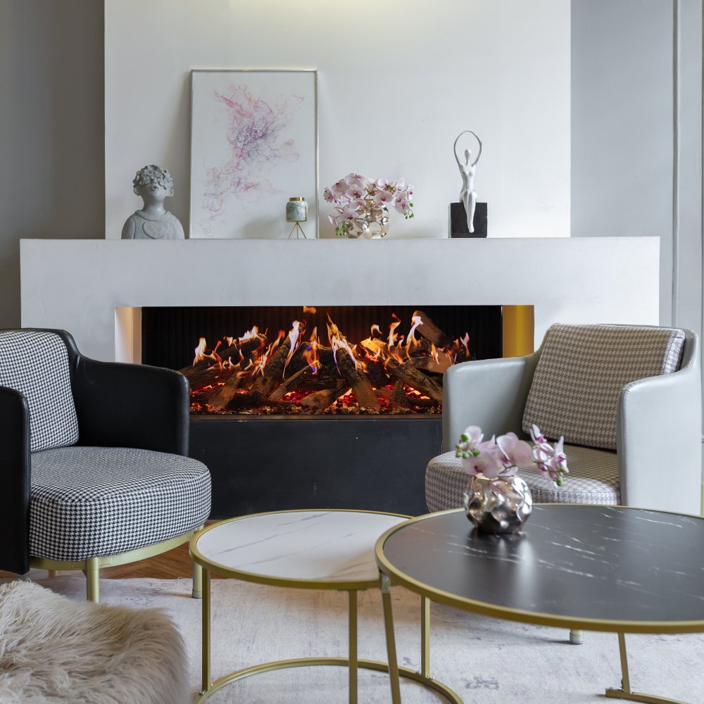 Modern electric fireplace with black surround and visible flame view