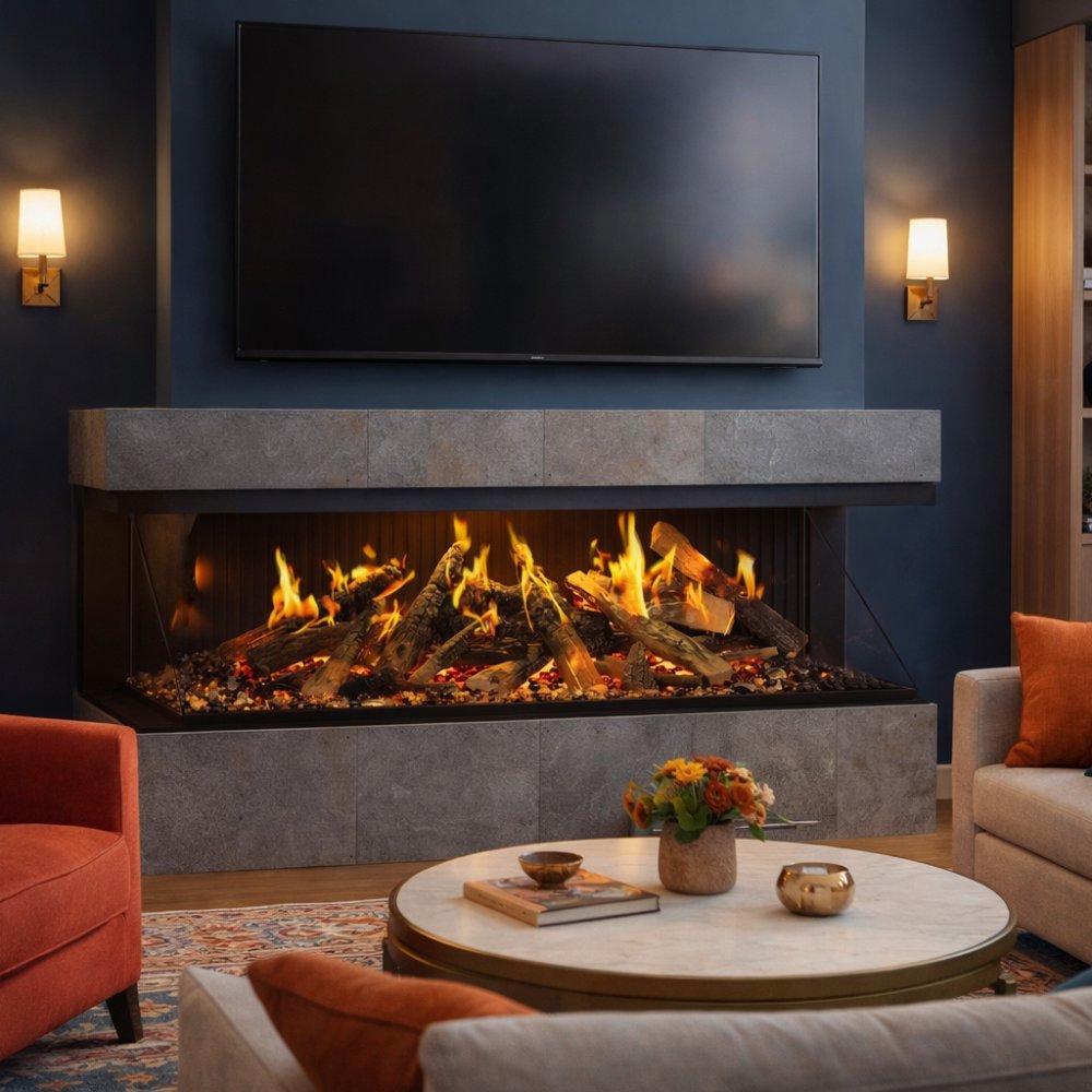 Built-in electric fireplace with dark frame and three-sided flame display