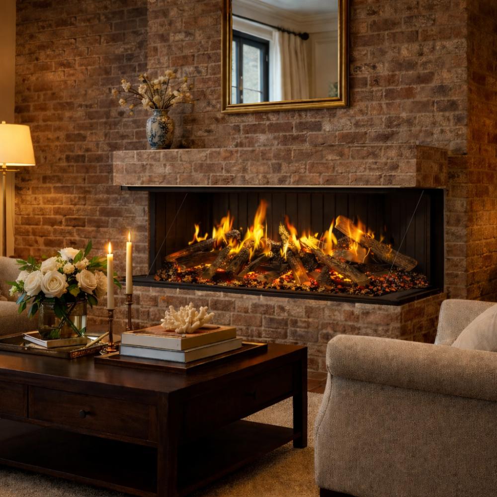 Wall-mounted electric fireplace with dark trim and bright flame bed