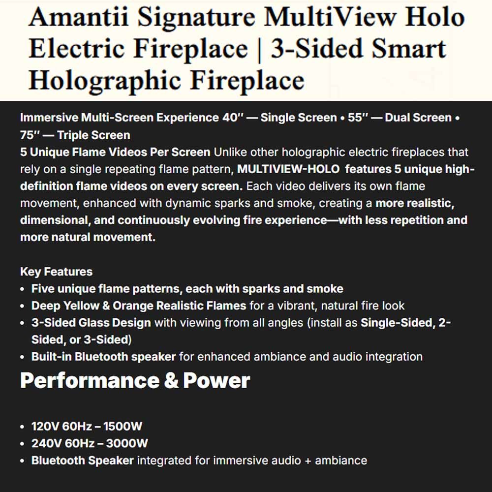 Product specification and feature text for Amantii Signature MultiView Holo electric fireplace