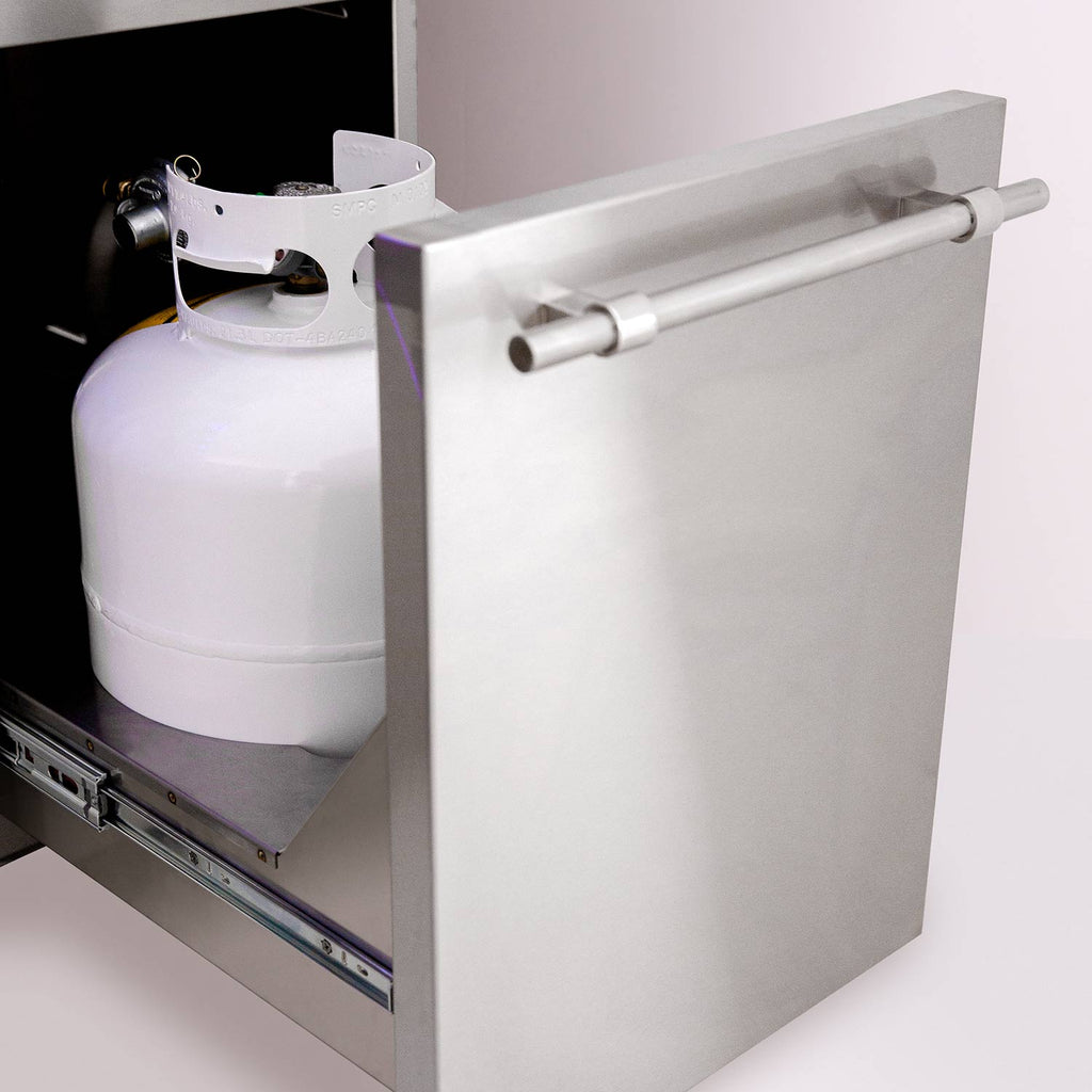 Grill cart propane tank storage compartment with mounted regulator and hoses.