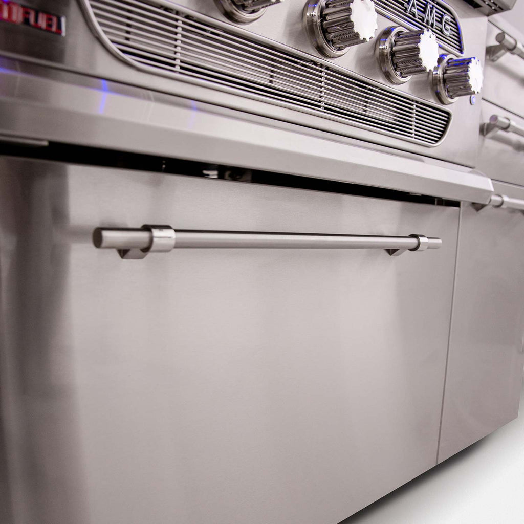 Infrared searing burner and front cooking controls beneath the grill lid.