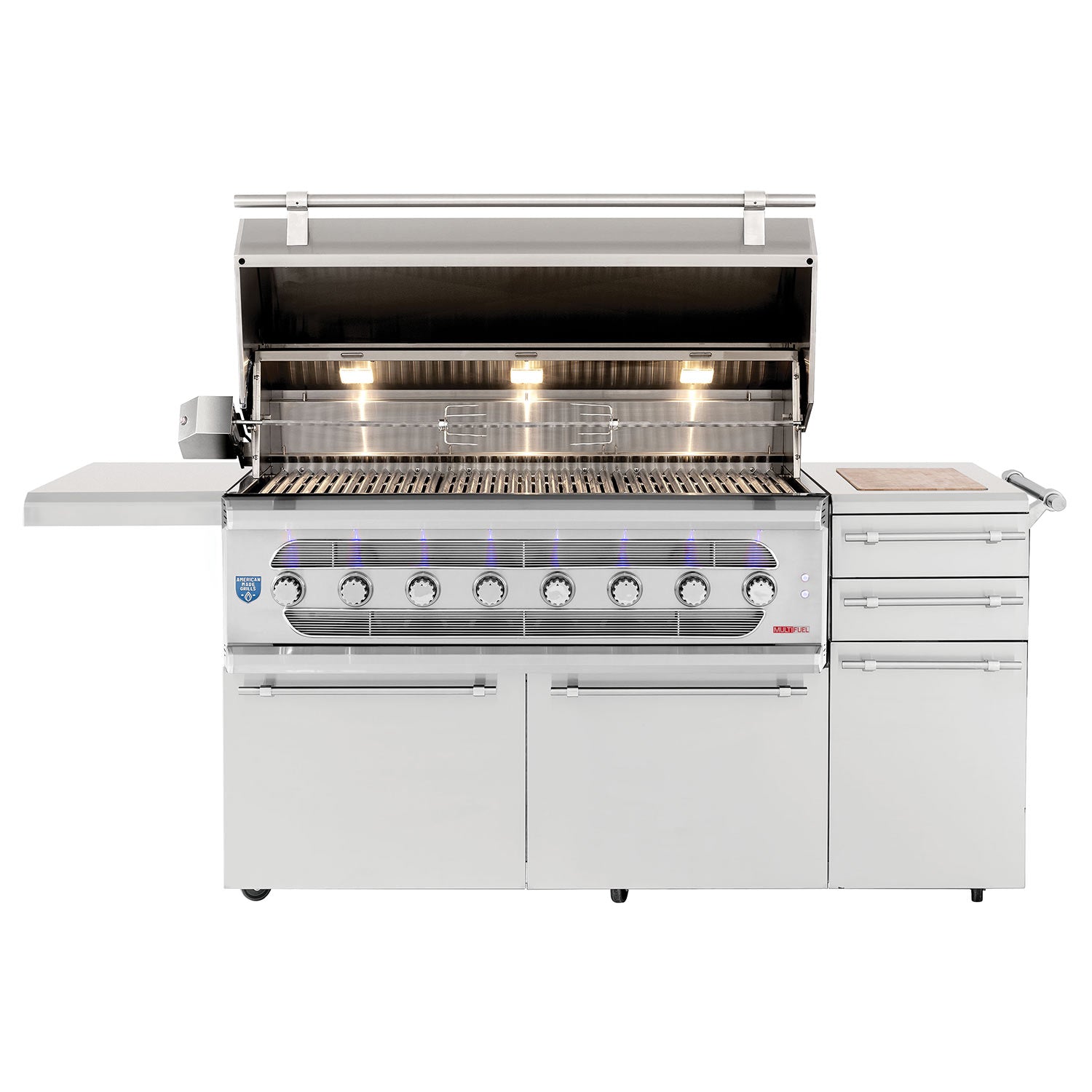 Dual fuel grill on cart with lid open, cooking grates, and front burner controls.