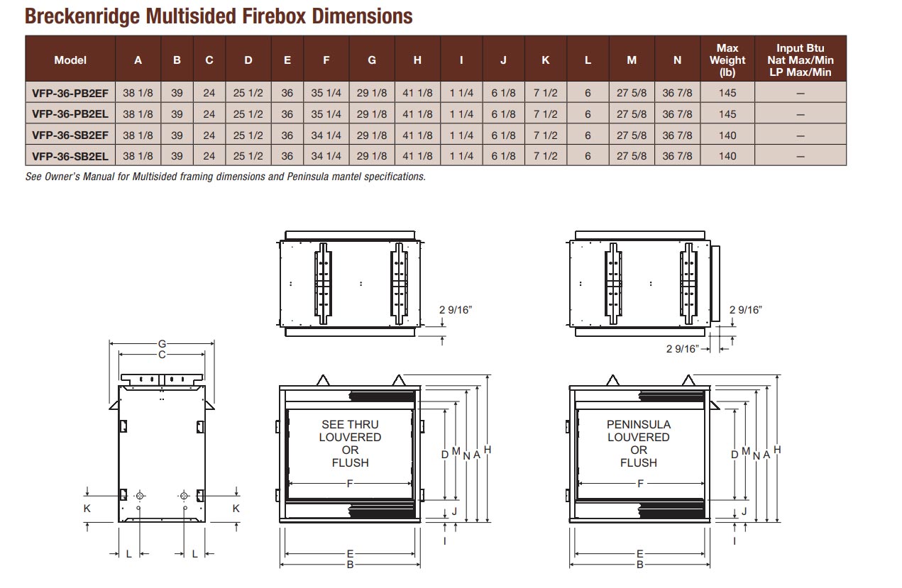 White Mountain Hearth VFP36SB2E Breckenridge Ventless Premium Double Sided Firebox with Banded Brick Liner, 36-Inches