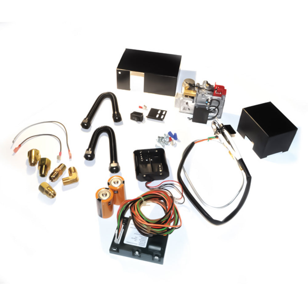 Electronic ignition valve kit with wiring harness, brackets, and gas valve assembly