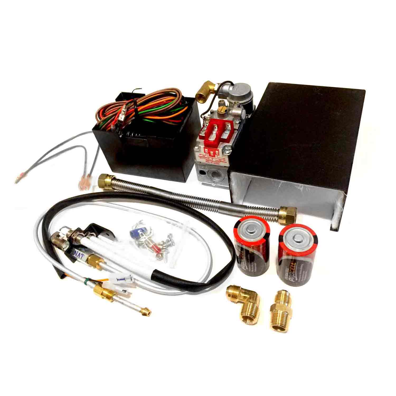 Pilot valve kit with ignition module, tubing, fittings, and metal control assembly