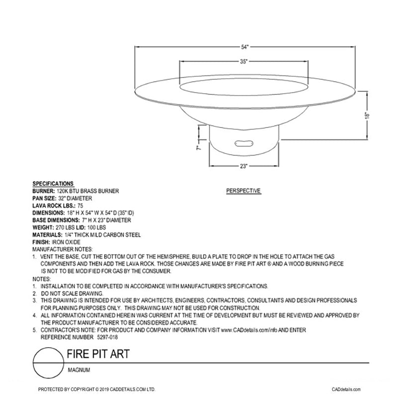 Fire pit size diagram with burner profile and measurement callouts