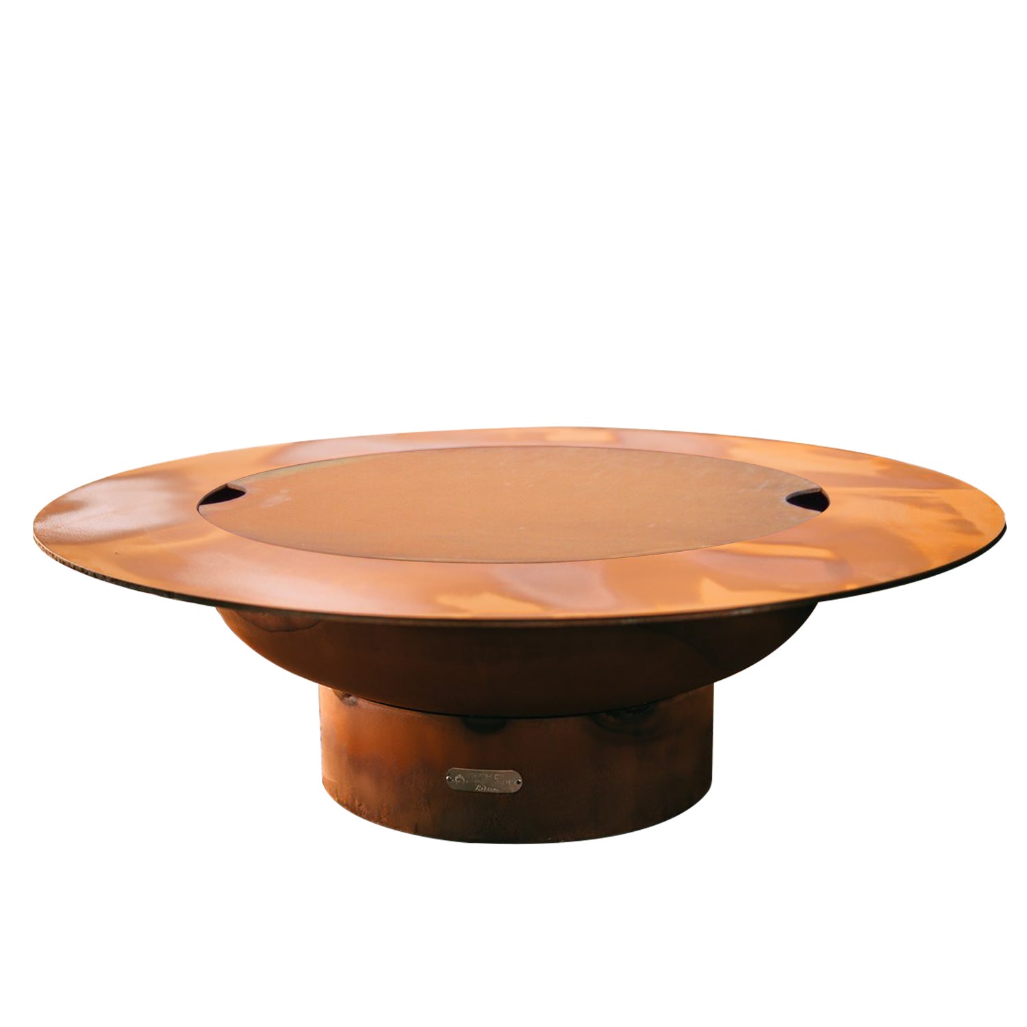Gas fire pit with round lid, bronze-toned top and dark base