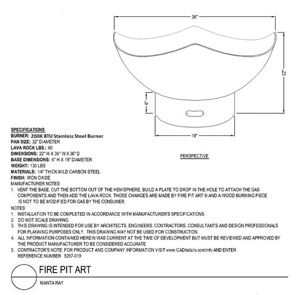 Manta ray fire pit dimensional diagram with burner specs and size measurements