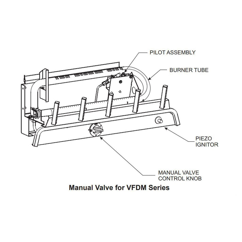 Gas log burner manual valve and pilot assembly with burner tube and control knob diagram