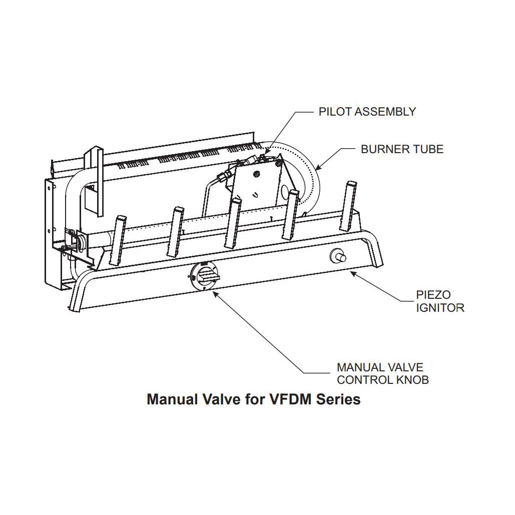 Gas log burner manual valve and pilot assembly with burner tube and control knob diagram