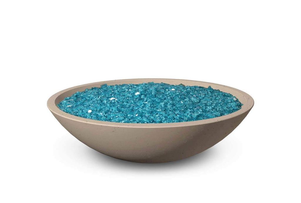 32-inch round GFRC gas fire bowl with blue reflective fire glass