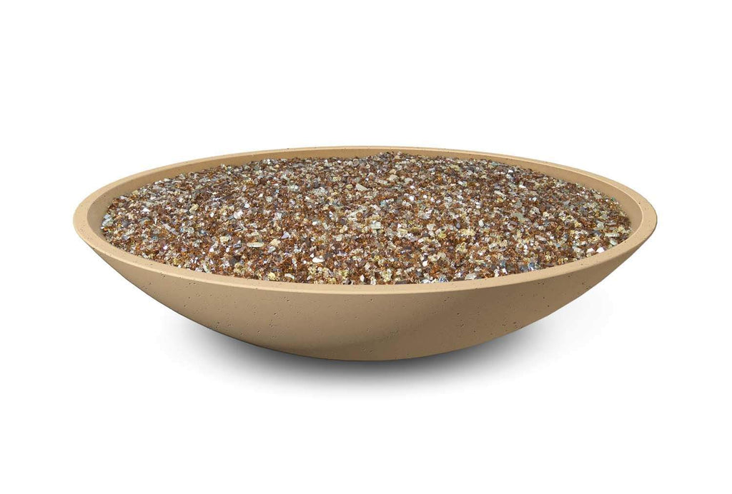 Marseille 48-inch round GFRC gas fire bowl with speckled glass insert in beige basin