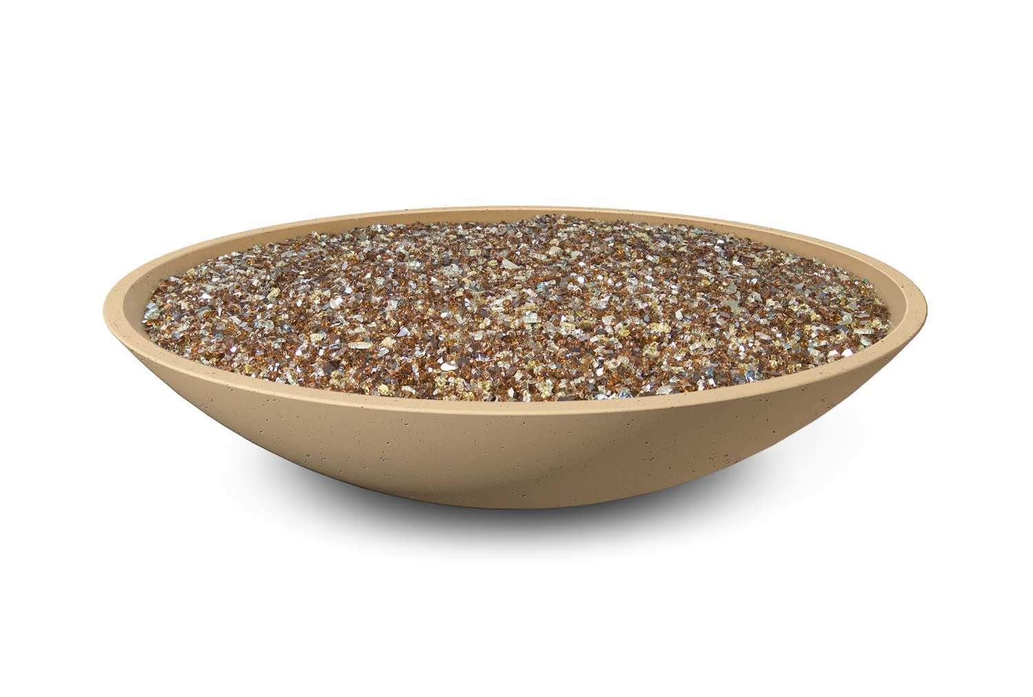 Marseille 48-inch round GFRC gas fire bowl with speckled glass insert in beige basin