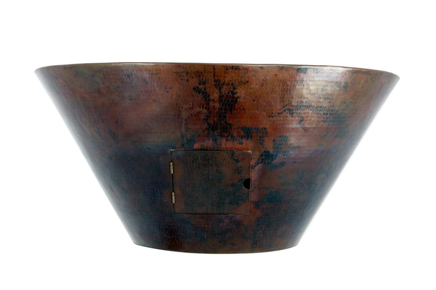 Hammered copper fire and water bowl with front access panel opening