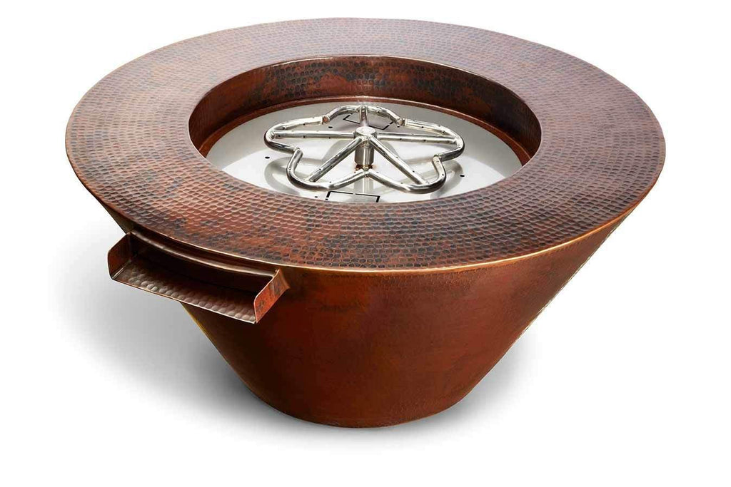Round hammered copper gas fire and water bowl with burner grate and cover