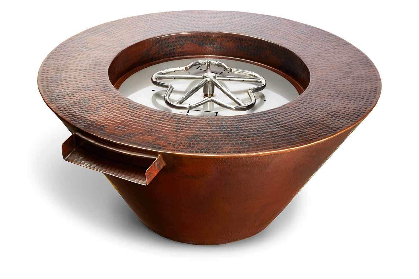 Round hammered copper gas fire and water bowl with burner grate and cover