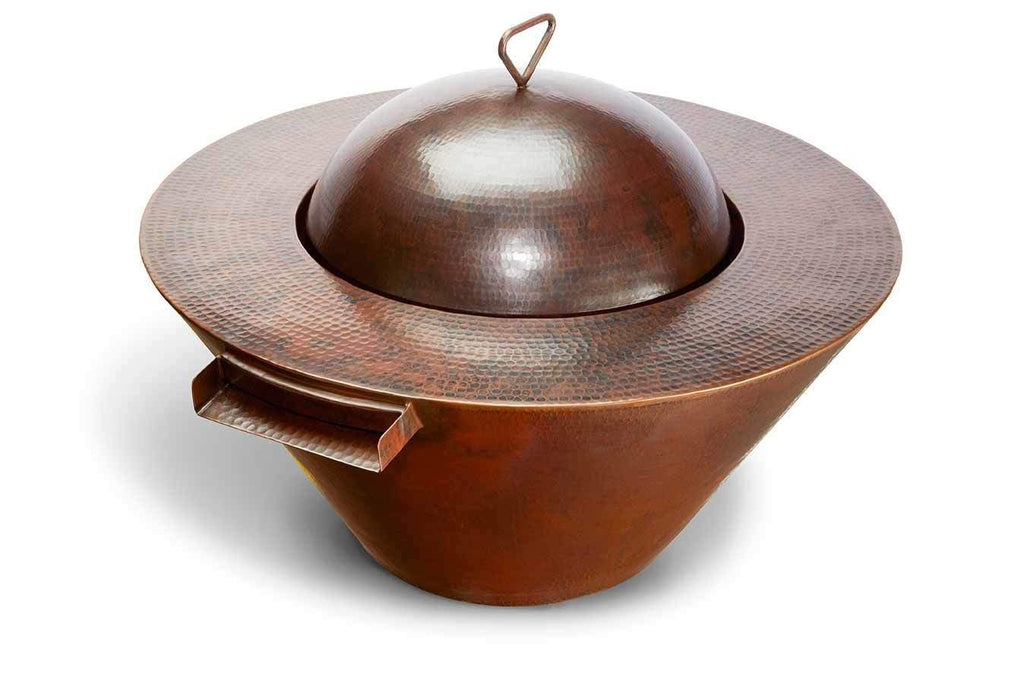 Round hammered copper gas fire and water bowl with domed cover