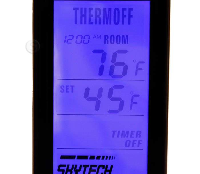 Backlit remote display showing ROOM temperature, SET values, and TIMER OFF text
