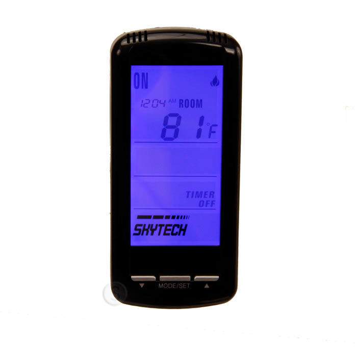 Skytech thermostat transmitter remote with blue backlit LCD and ON status