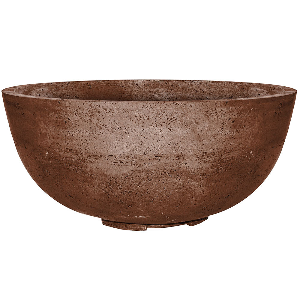 Concrete gas fire pit bowl in brown with speckled finish, round shape