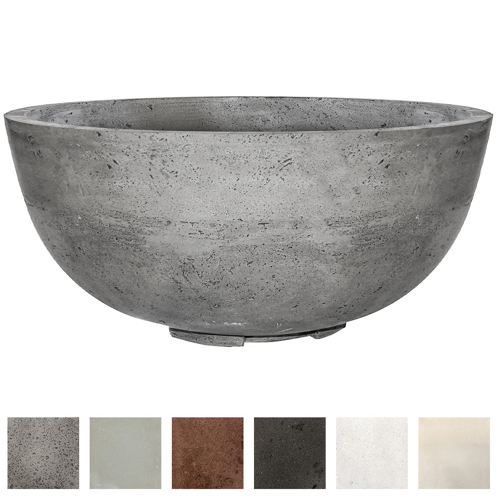 Concrete gas fire pit bowl in gray with speckled texture, round shape