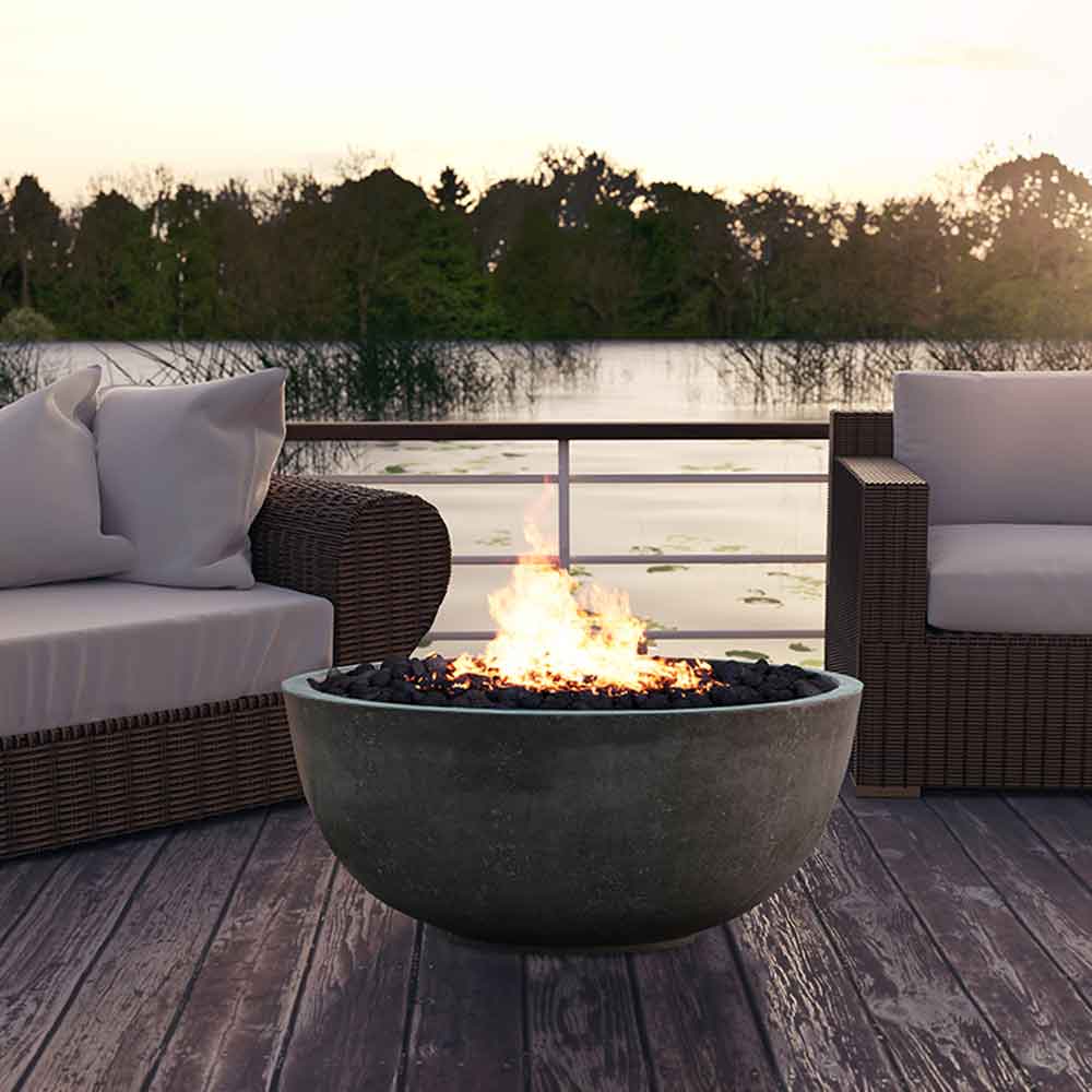 Concrete gas fire pit bowl in gray with flames, round bowl design