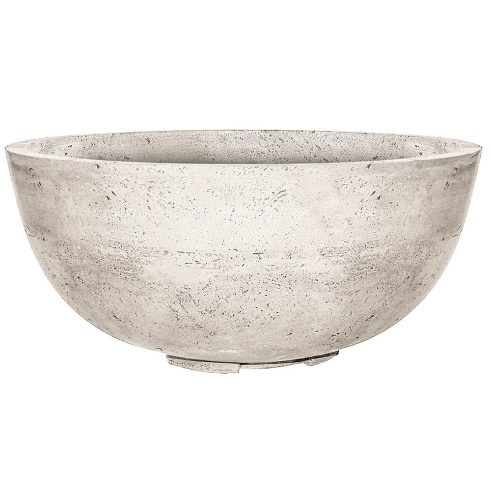 Concrete gas fire pit bowl in light gray with speckled texture, round shape