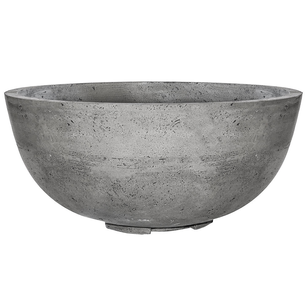 Concrete gas fire pit bowl, dark gray speckled finish with wide circular rim