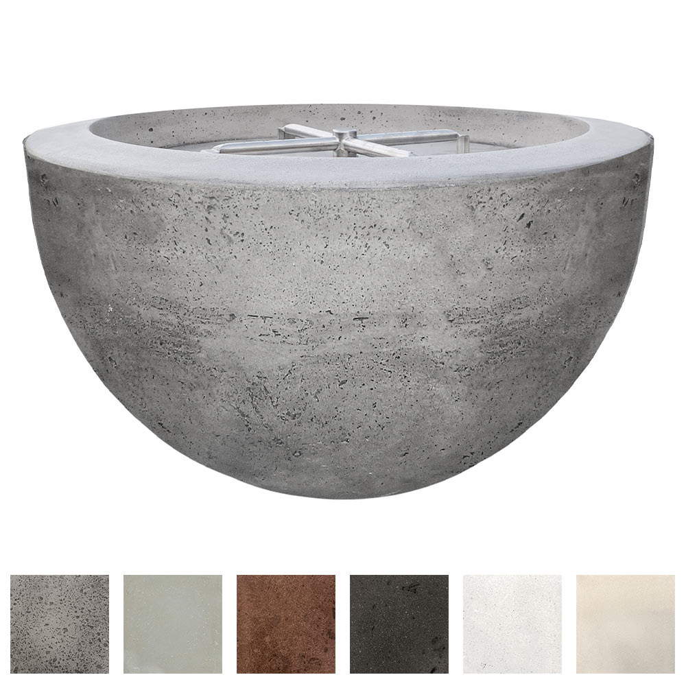 Concrete gas fire pit bowl in light gray with top burner grate