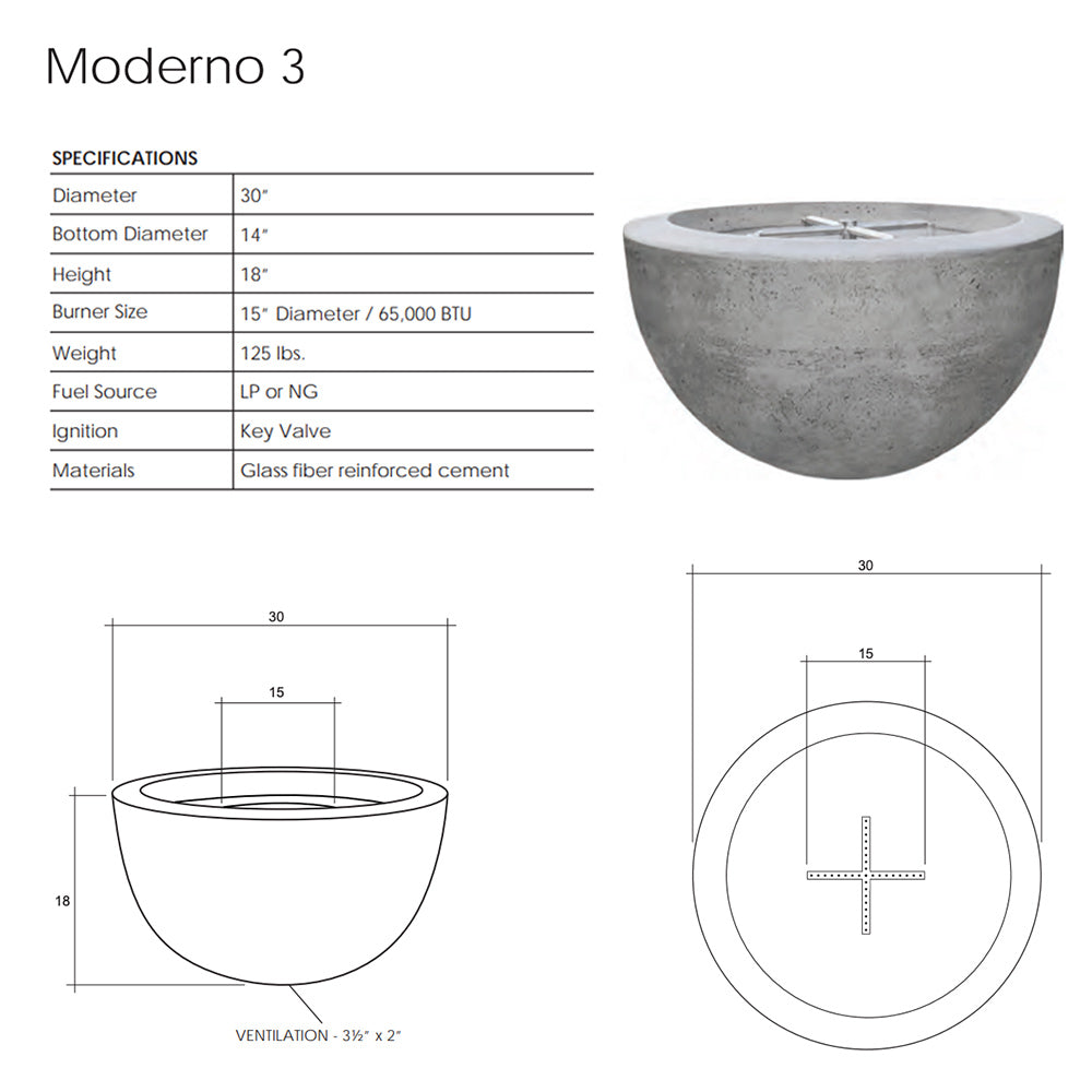 Moderno 3 fire pit specifications and dimension drawings on a diagram sheet