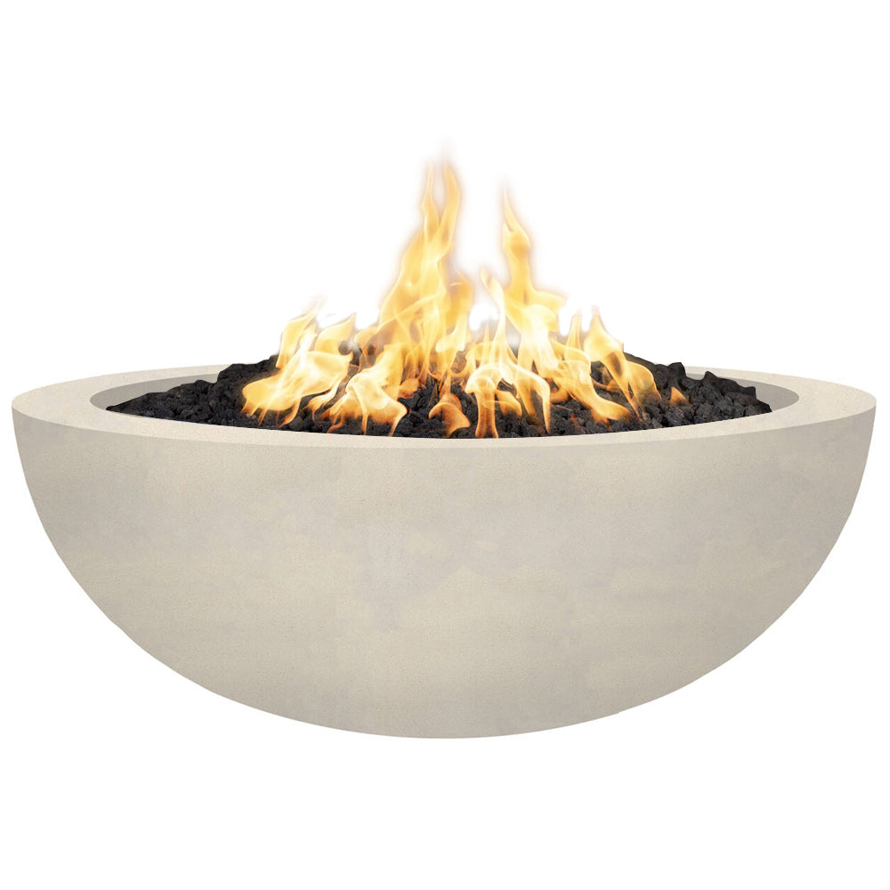 Cream concrete gas fire pit with tall flames in round black burner