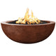 Brown concrete gas fire pit bowl with visible flames and black burner bed