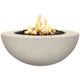 Concrete gas fire pit bowl with smooth light-gray finish and flames burning in center