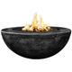 Black concrete gas fire pit bowl with visible flames and black burner bed