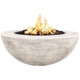 Light gray concrete gas fire pit bowl with visible flames and black burner bed