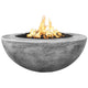 Gray concrete gas fire pit bowl with visible flames and black burner bed