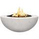 Concrete gas fire pit bowl with speckled light-gray finish and flames burning in center